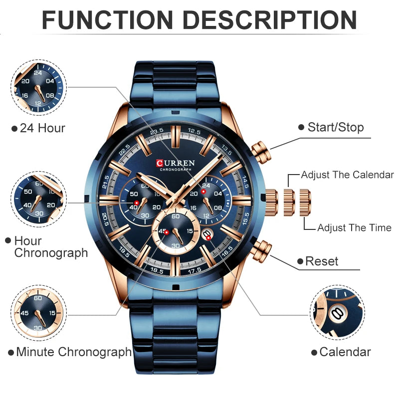 Luxury Men's Watch. Full Steel Waterproof Chronograph Wristwatch