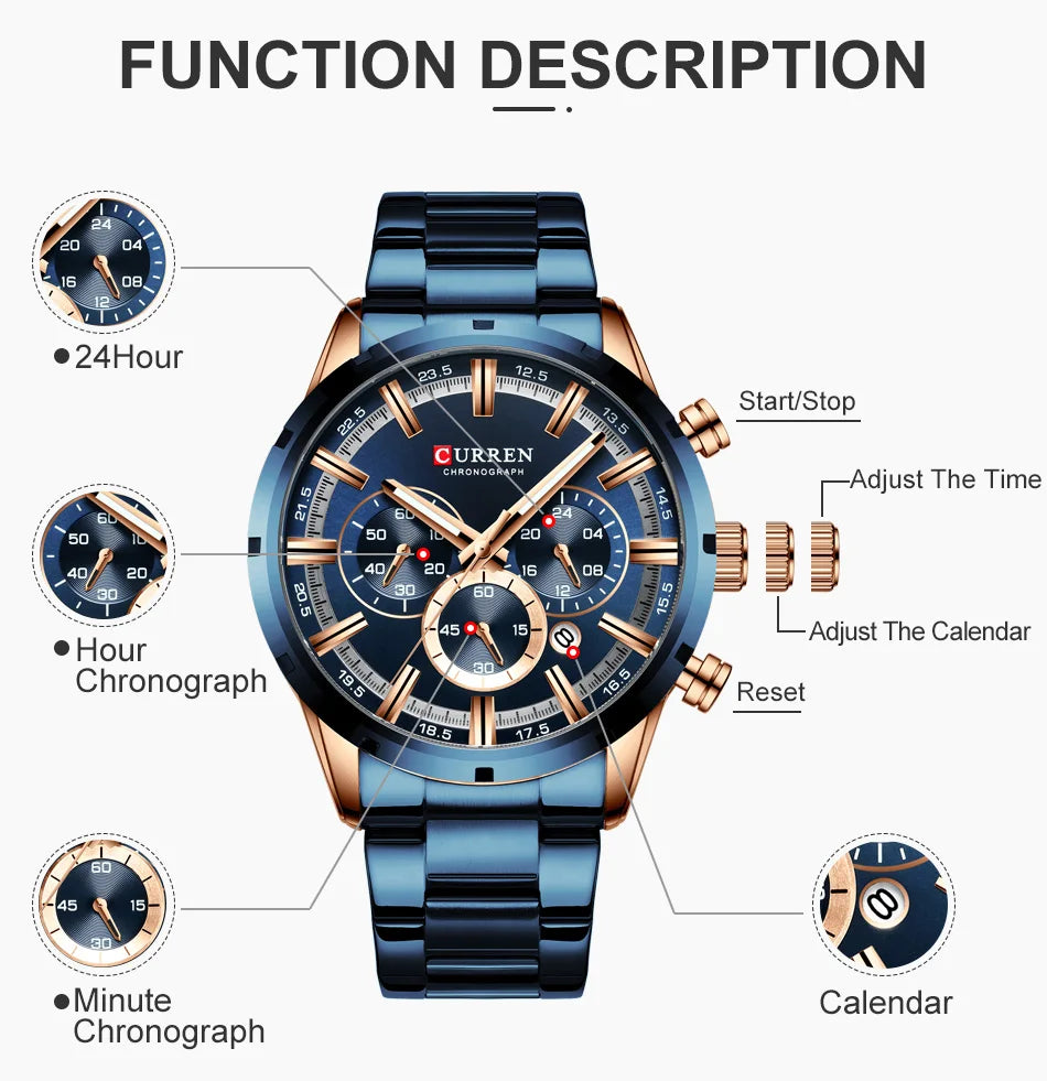 Luxury Men's Watch. Full Steel Waterproof Chronograph Wristwatch
