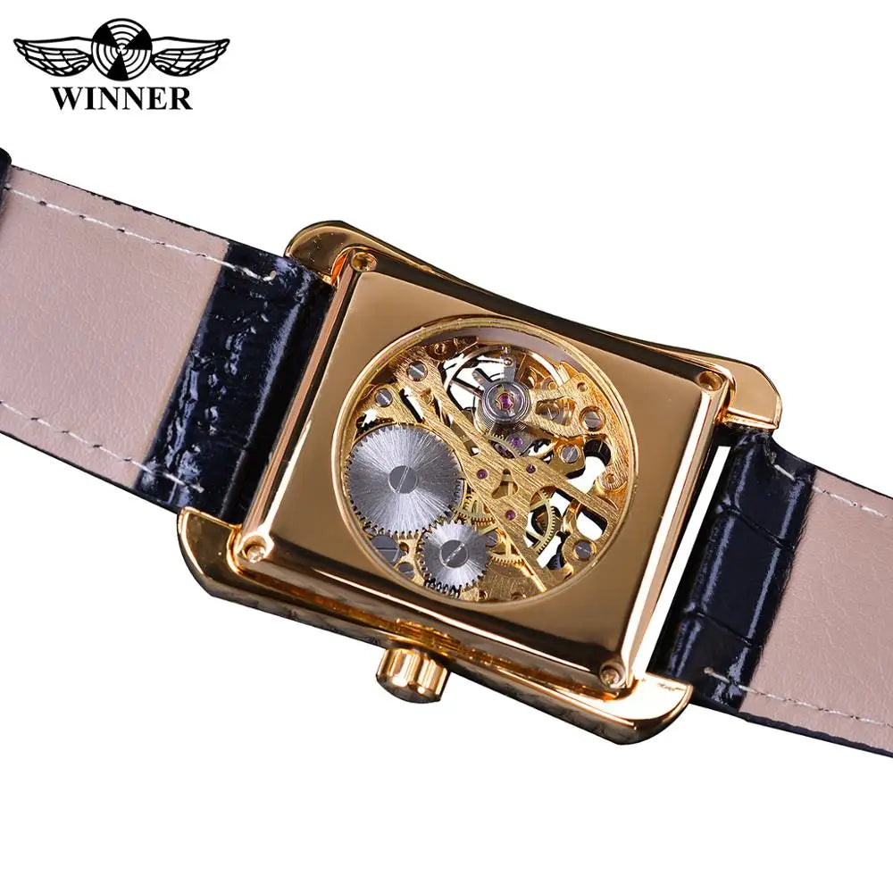 Retro Casual Rectangle Dial Design Golden Pattern Hollow Skeleton