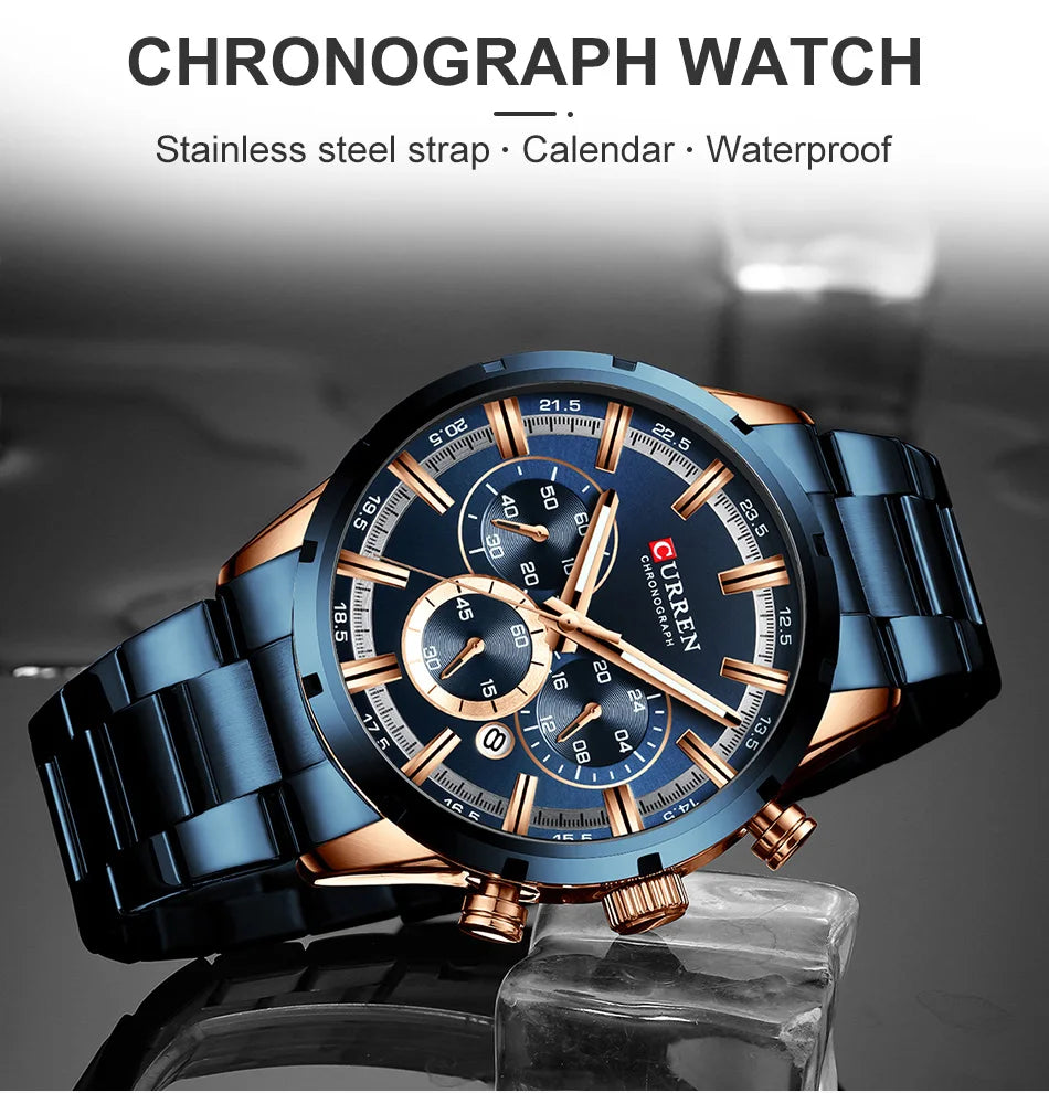 Luxury Men's Watch. Full Steel Waterproof Chronograph Wristwatch