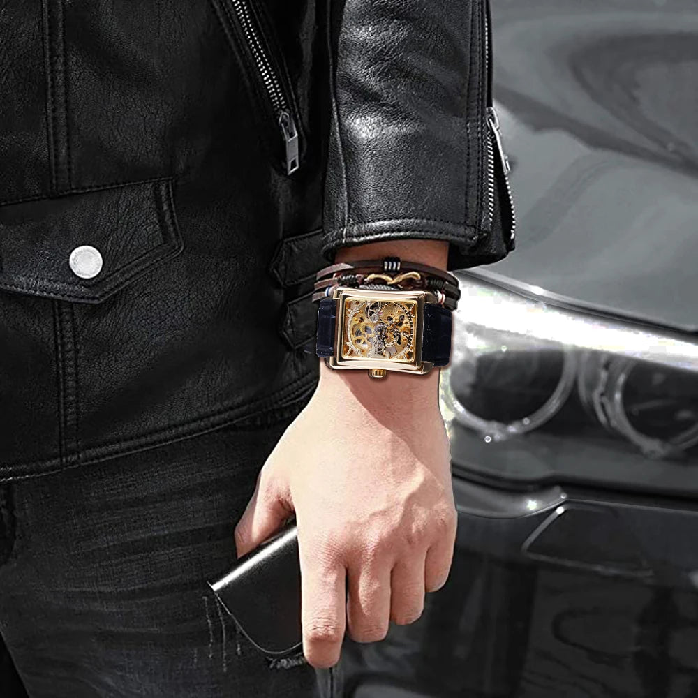 Retro Casual Rectangle Dial Design Golden Pattern Hollow Skeleton