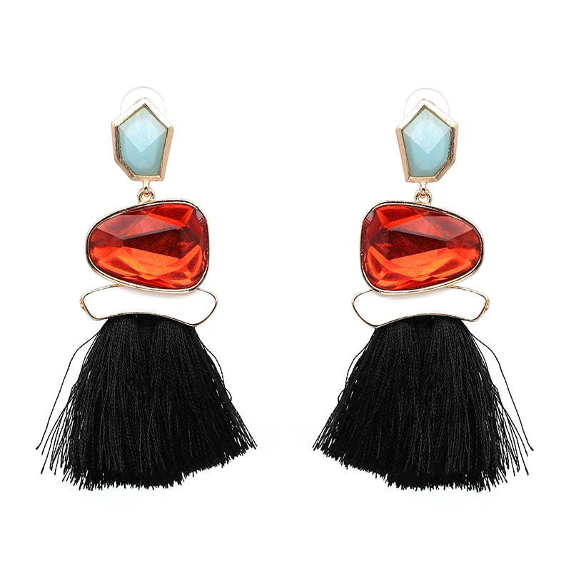 Colorblock Stone & Tassel Earrings