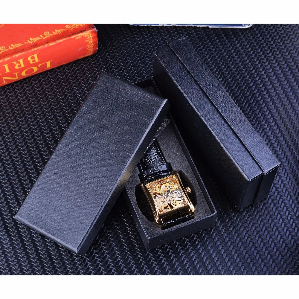Retro Casual Rectangle Dial Design Golden Pattern Hollow Skeleton