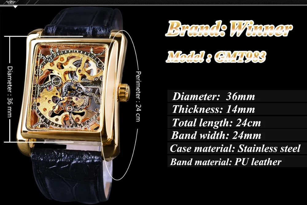 Retro Casual Rectangle Dial Design Golden Pattern Hollow Skeleton