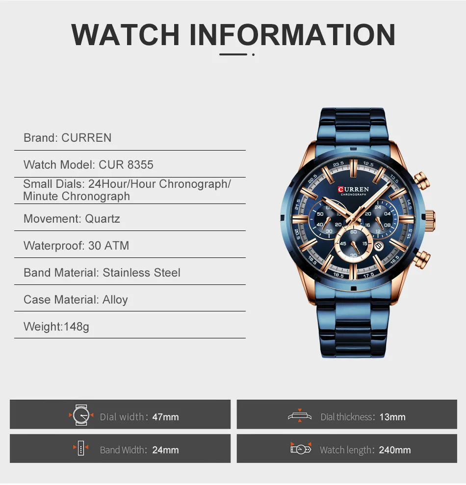Luxury Men's Watch. Full Steel Waterproof Chronograph Wristwatch