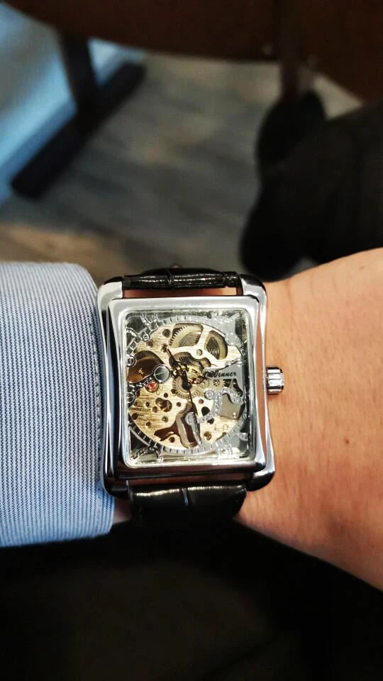 Retro Casual Rectangle Dial Design Golden Pattern Hollow Skeleton