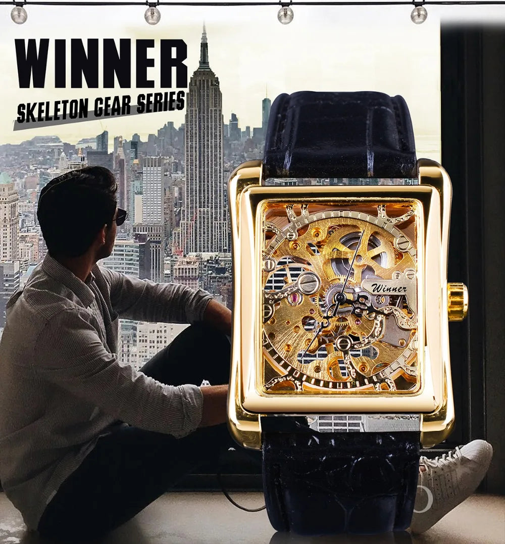 Retro Casual Rectangle Dial Design Golden Pattern Hollow Skeleton