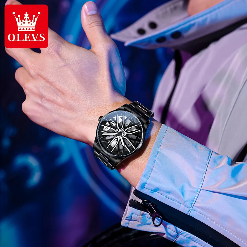 Quartz Watch for Men 360° Rotary Dial Sport Car Rim Wheel Hub Waterproof