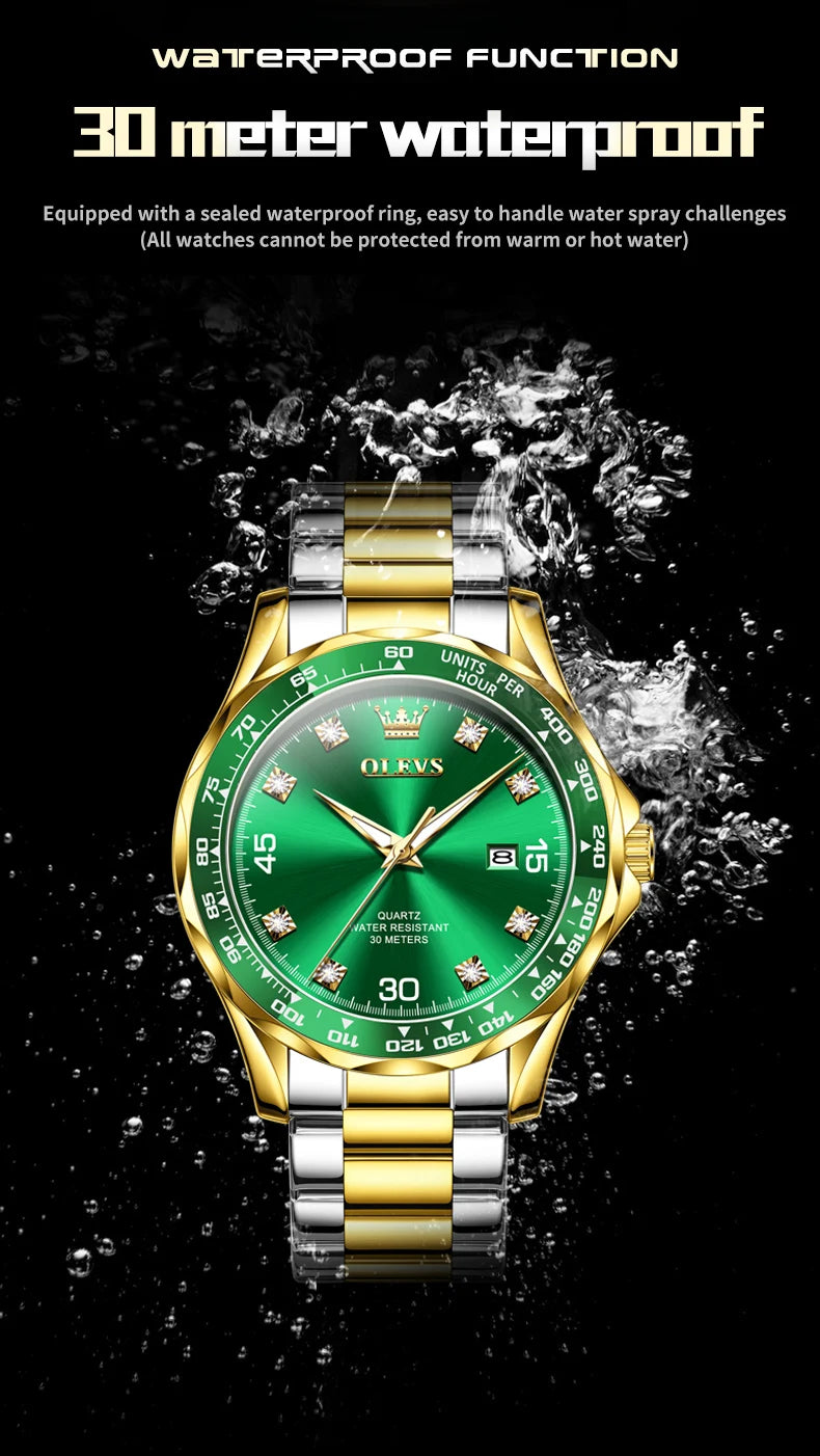 Golden Green Quartz Watch for Men.Waterproof Stainless steel  Watch