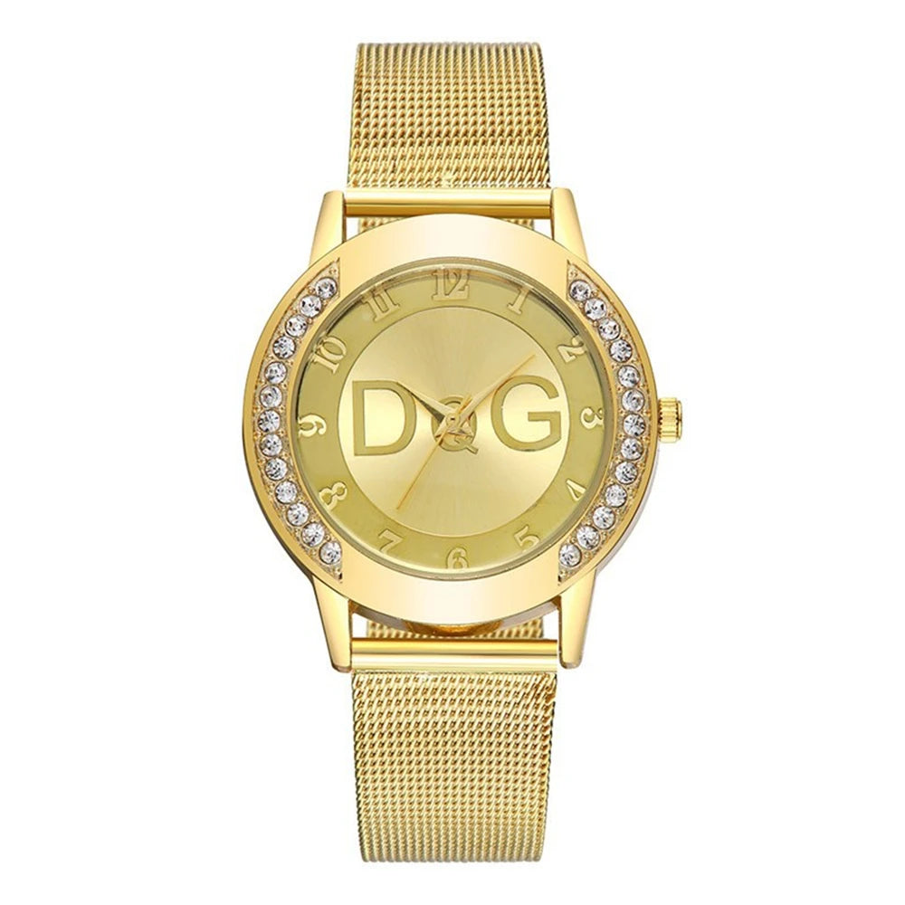 Women's watches With Diamonds. Simple Digital Design with Gold Mesh Strap