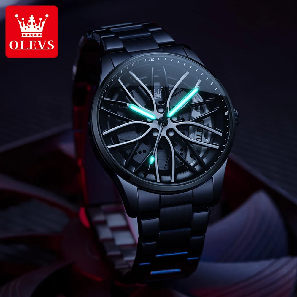 Quartz Watch for Men 360° Rotary Dial Sport Car Rim Wheel Hub Waterproof