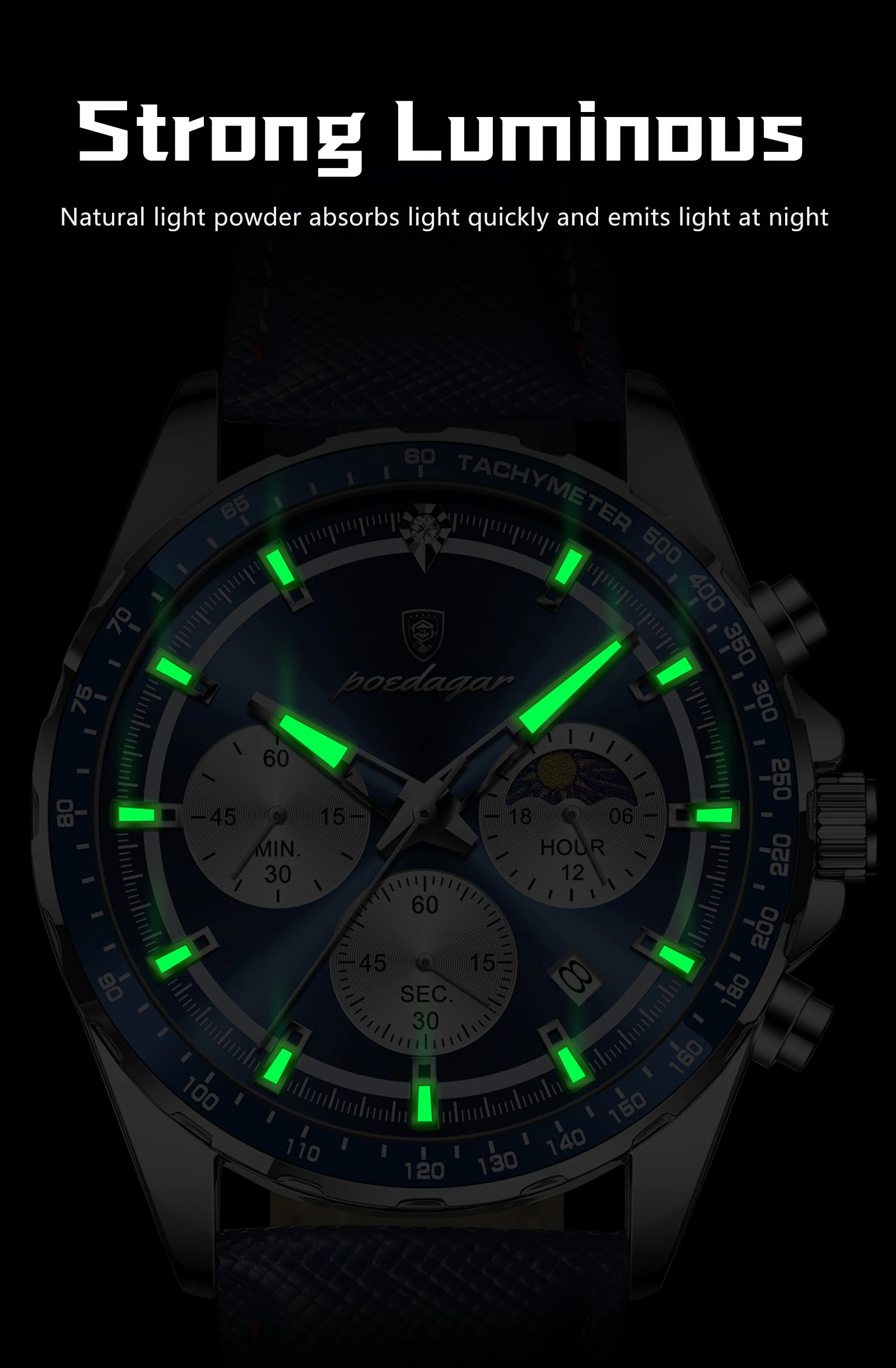 Luminous Waterproof Chronograph.Men's Leather Wristwatch