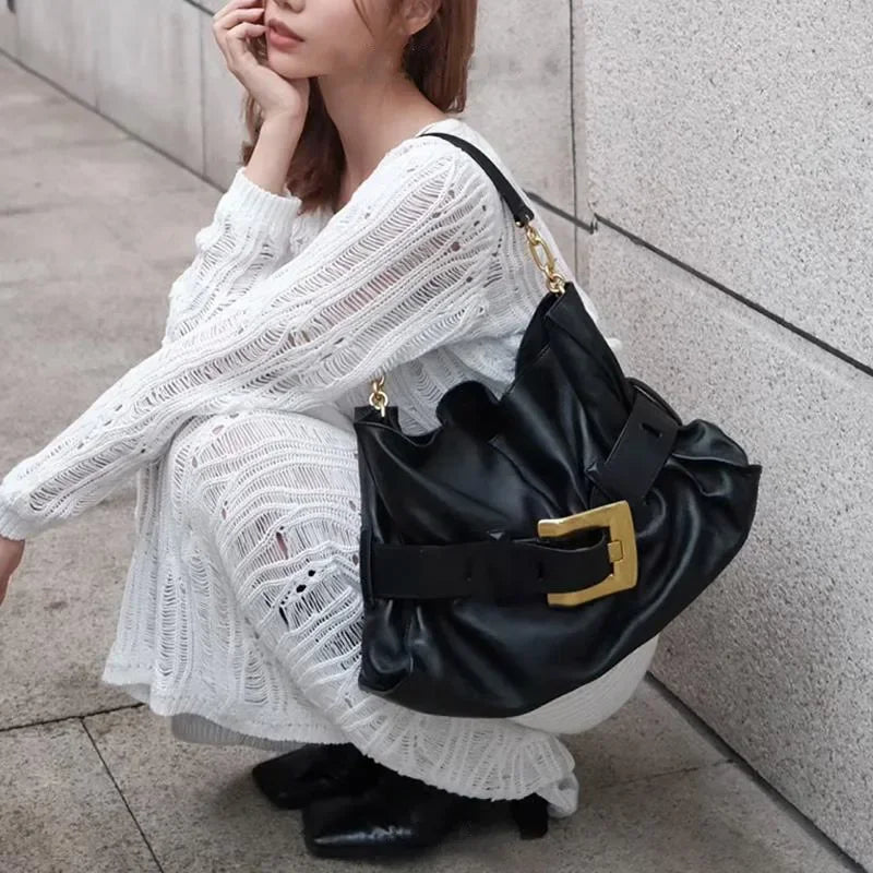 Luxury Women's Bag Soft Leather.Crocodile Pattern Pleated Tote Bag
