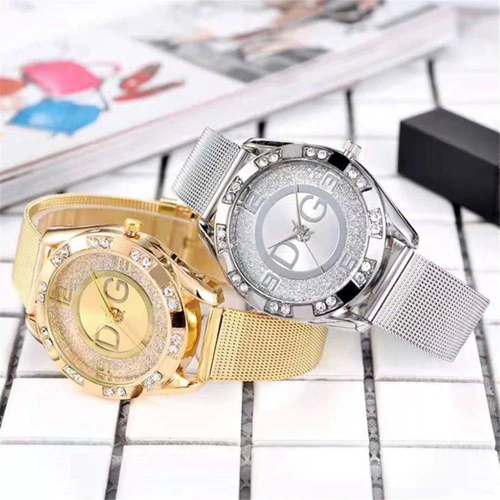 Women's watches With Diamonds. Simple Digital Design with Gold Mesh Strap