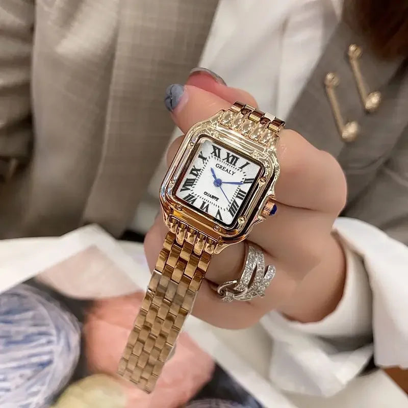 Women's Fashion Square Watch. Gold Alloy Strap Luxury Ladies Quartz Wristwatch