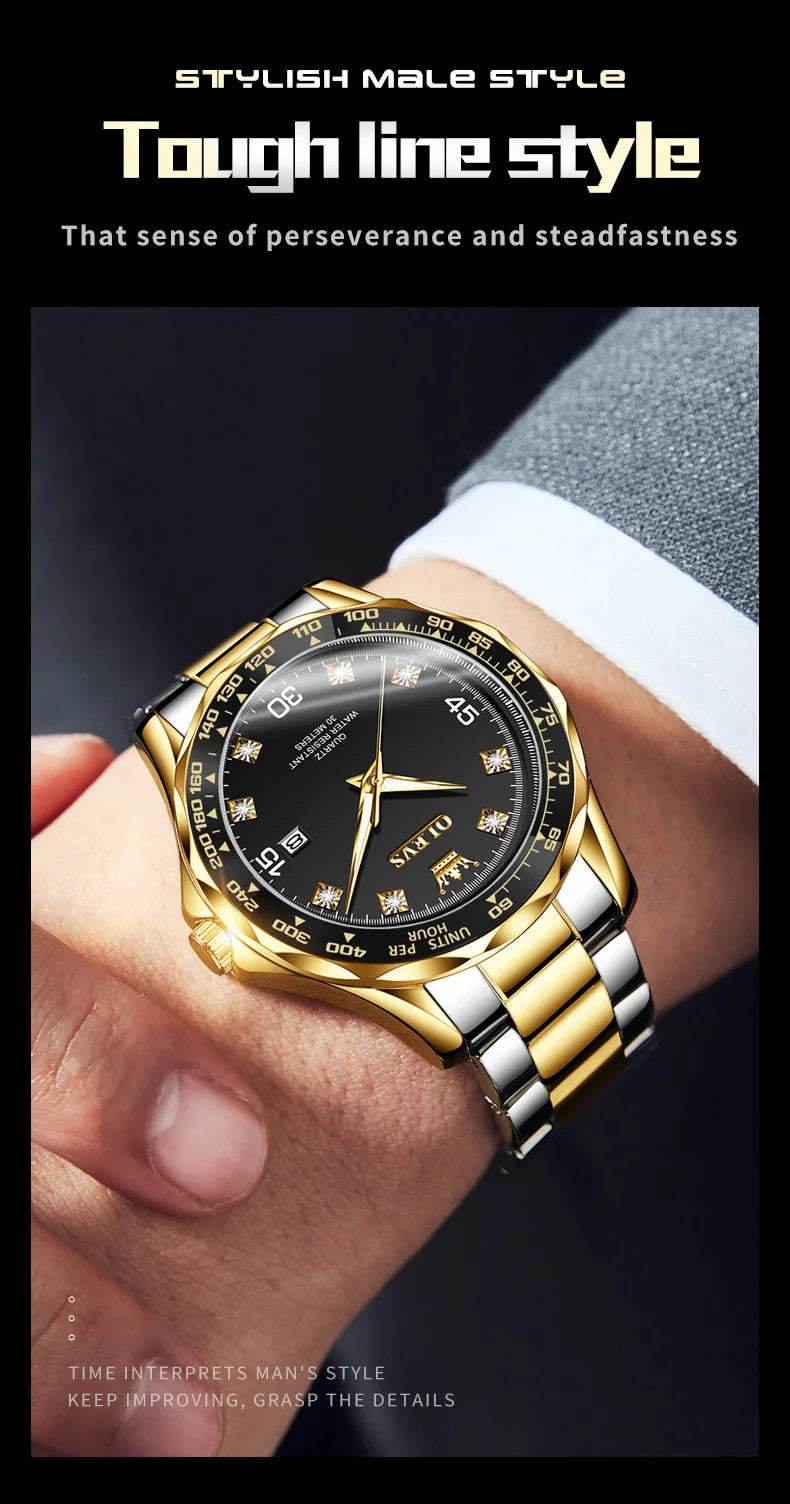 Golden Green Quartz Watch for Men.Waterproof Stainless steel  Watch