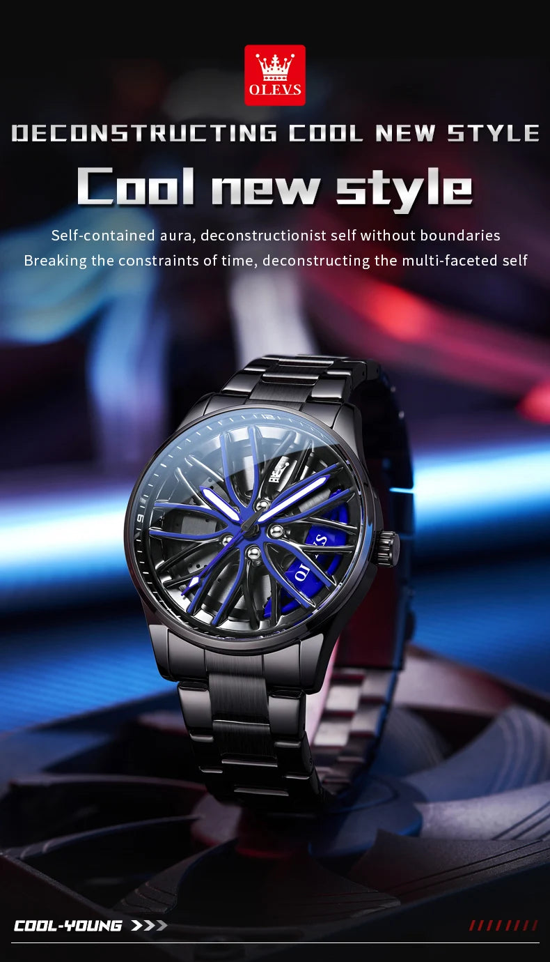 Quartz Watch for Men 360° Rotary Dial Sport Car Rim Wheel Hub Waterproof