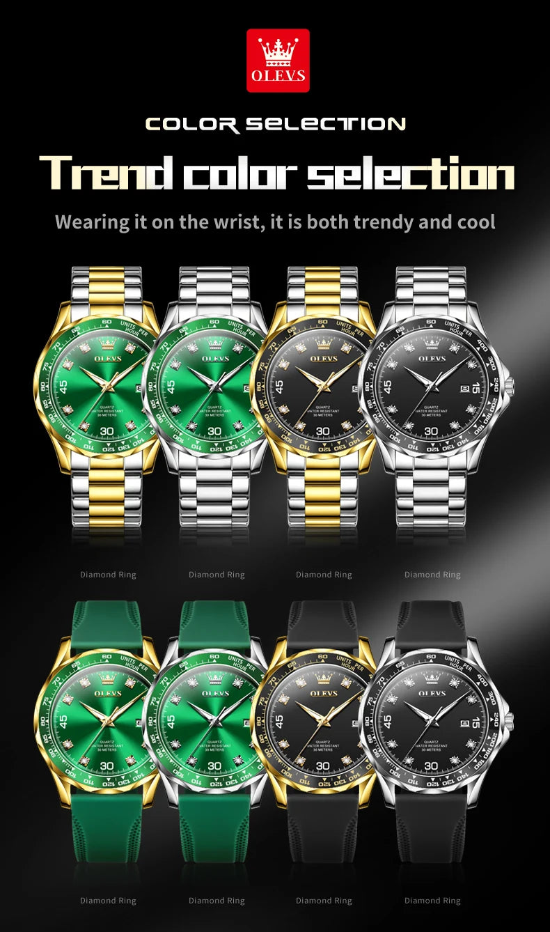 Golden Green Quartz Watch for Men.Waterproof Stainless steel  Watch