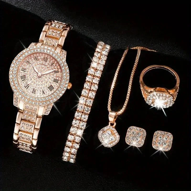 Full Diamond Roman Literal Steel Strip Women's Watch with Starry Charm Business Quartz Watch Set