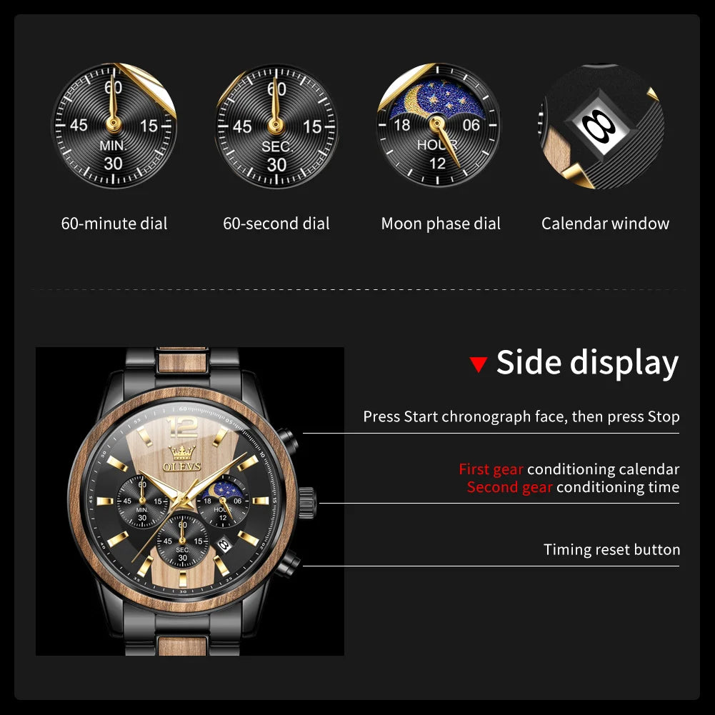 Men's Wooden Watch Luxury Night Light Chronograph