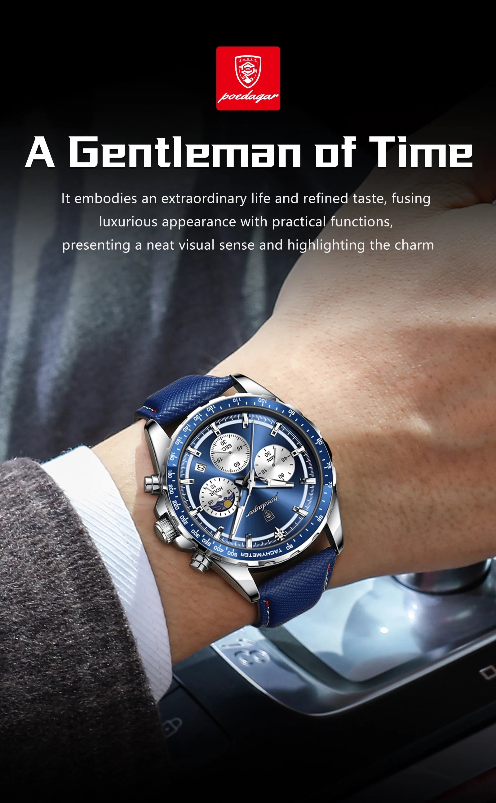 Luminous Waterproof Chronograph.Men's Leather Wristwatch