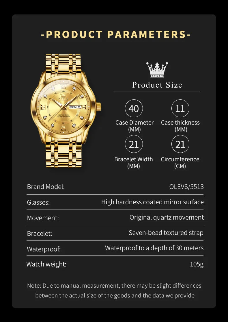 Watch for Men Luxury Diamonds Gold Watch Waterproof