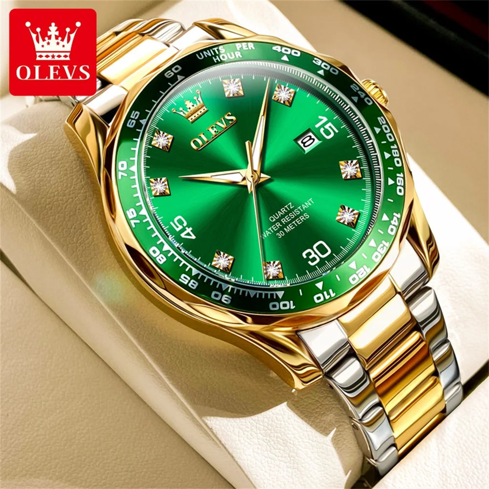 Golden Green Quartz Watch for Men.Waterproof Stainless steel  Watch