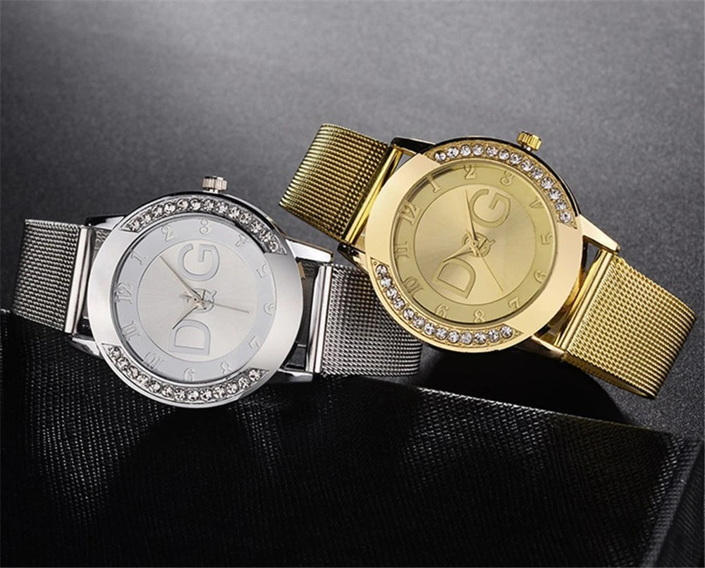 Women's watches With Diamonds. Simple Digital Design with Gold Mesh Strap