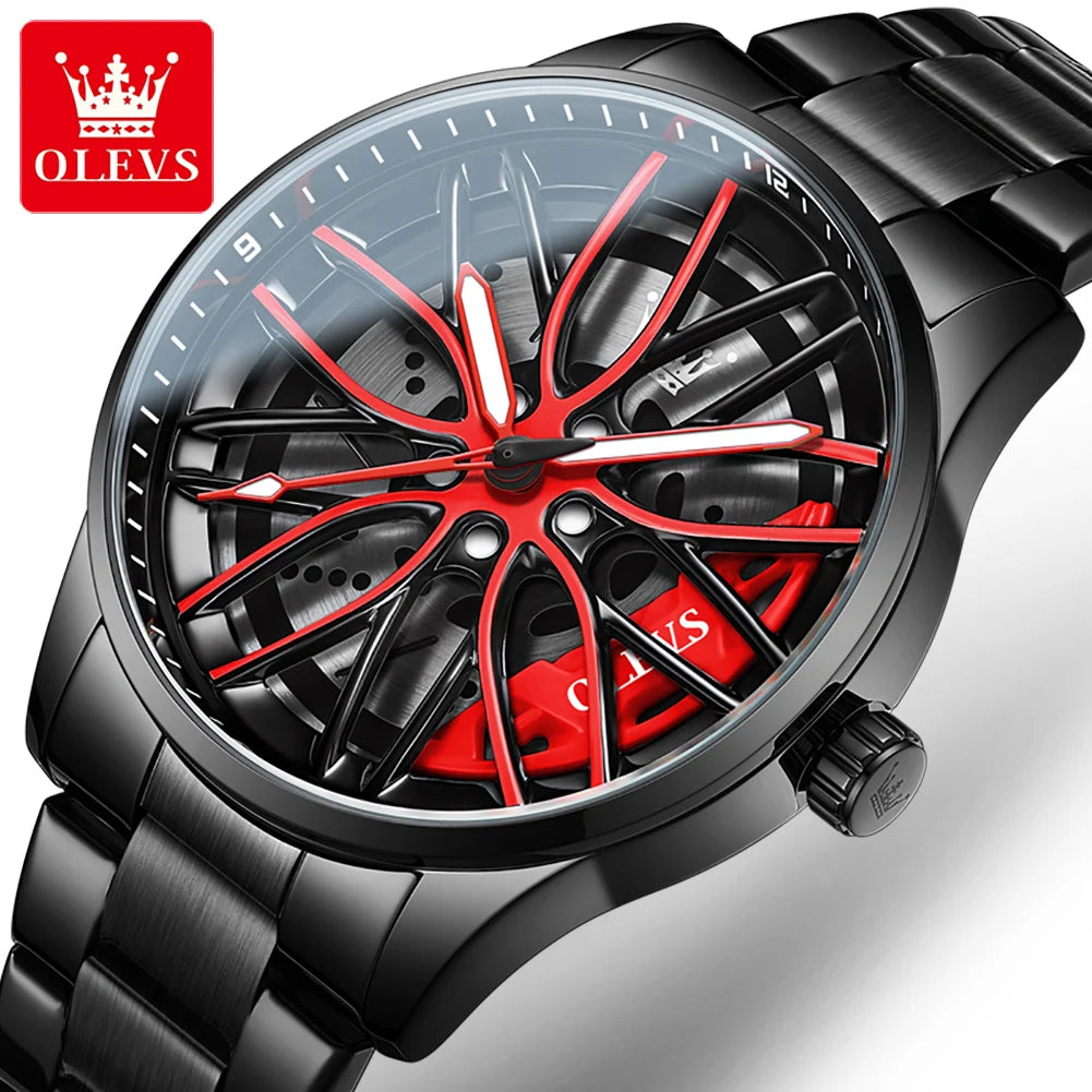 Quartz Watch for Men 360° Rotary Dial Sport Car Rim Wheel Hub Waterproof