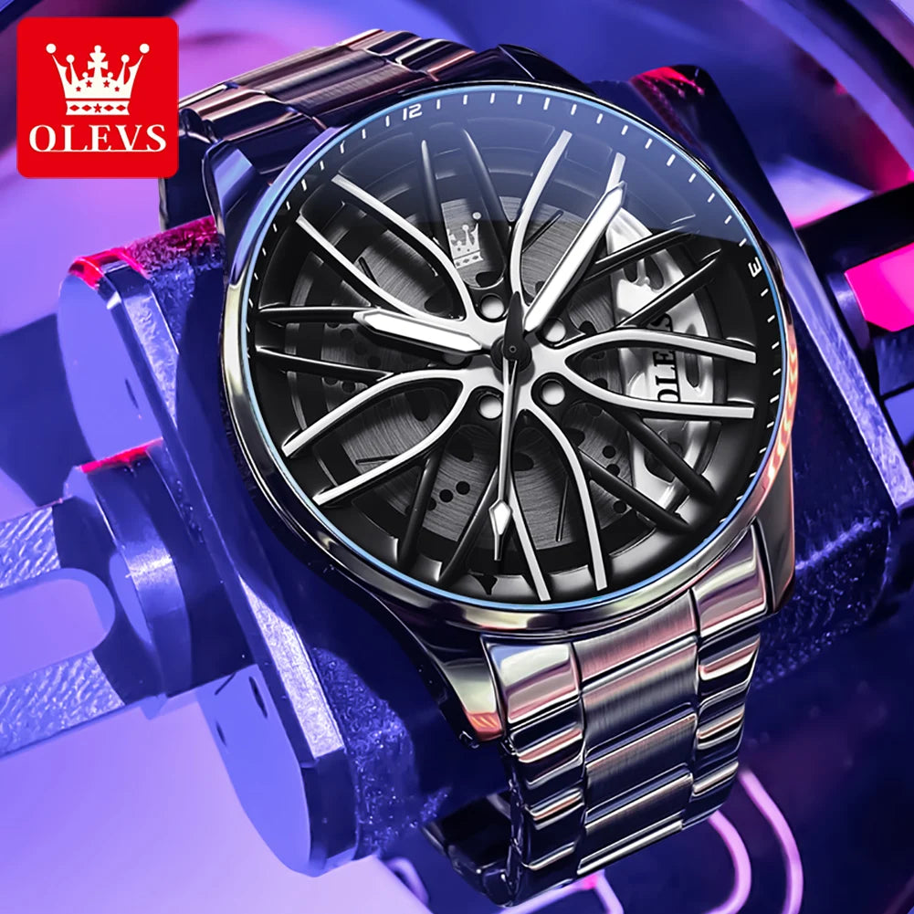 Quartz Watch for Men 360° Rotary Dial Sport Car Rim Wheel Hub Waterproof