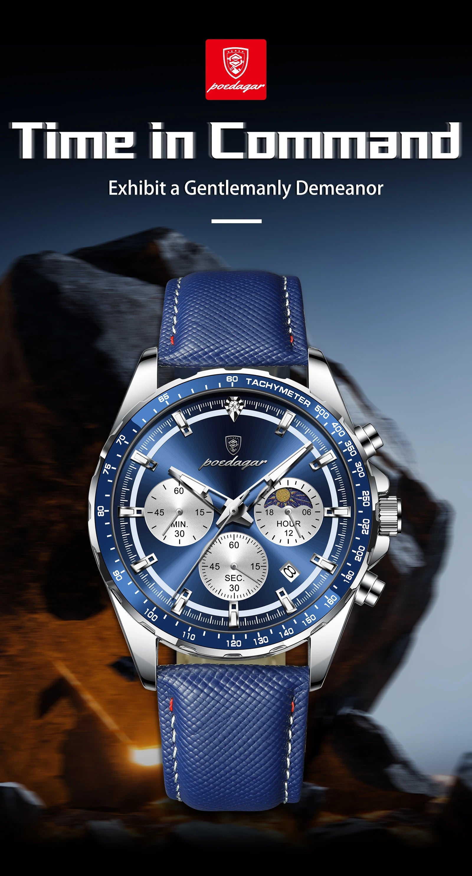 Luminous Waterproof Chronograph.Men's Leather Wristwatch