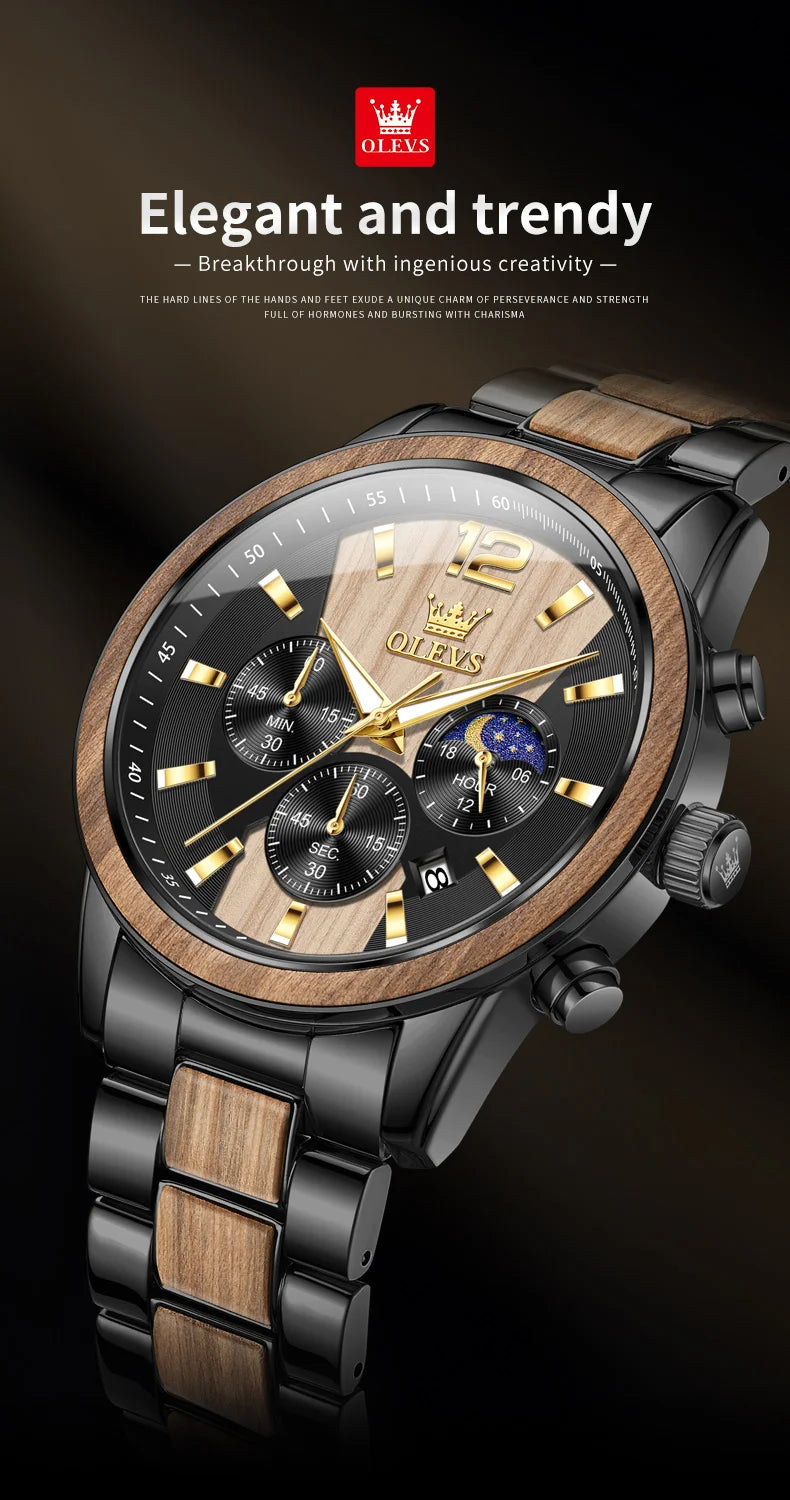 Men's Wooden Watch Luxury Night Light Chronograph