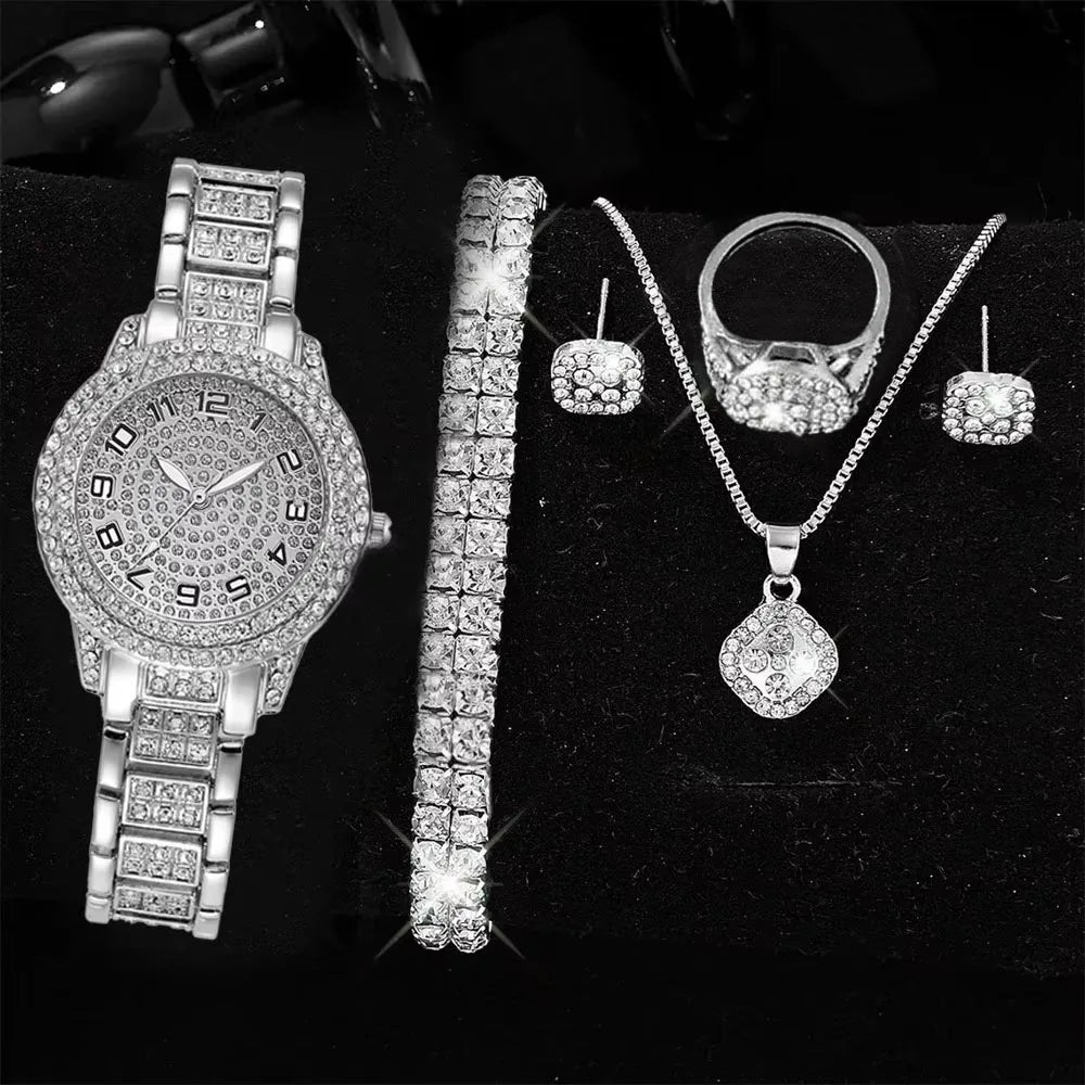 Full Diamond Roman Literal Steel Strip Women's Watch with Starry Charm Business Quartz Watch Set