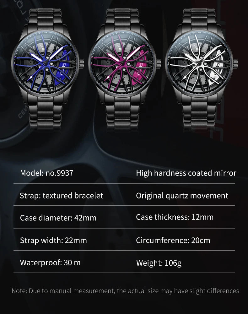 Quartz Watch for Men 360° Rotary Dial Sport Car Rim Wheel Hub Waterproof