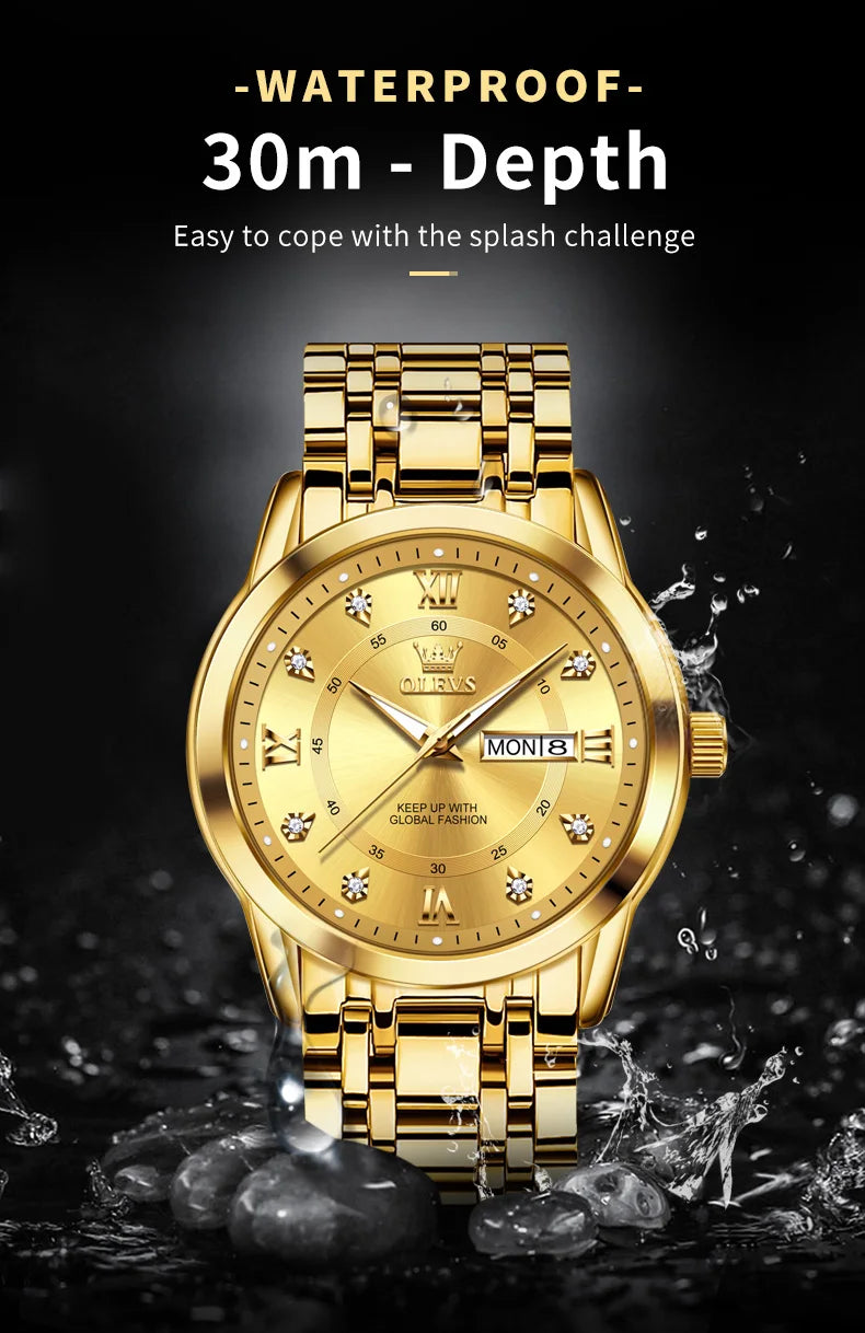 Watch for Men Luxury Diamonds Gold Watch Waterproof
