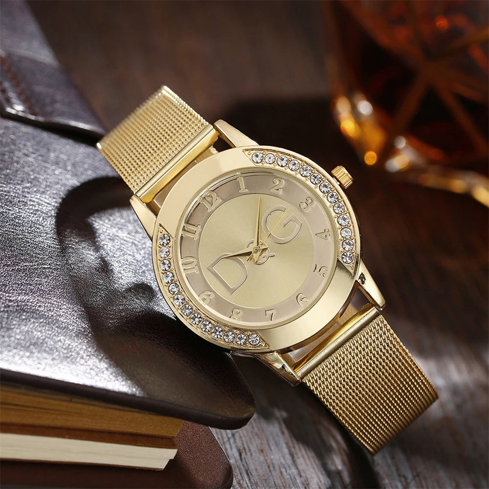 Women's watches With Diamonds. Simple Digital Design with Gold Mesh Strap