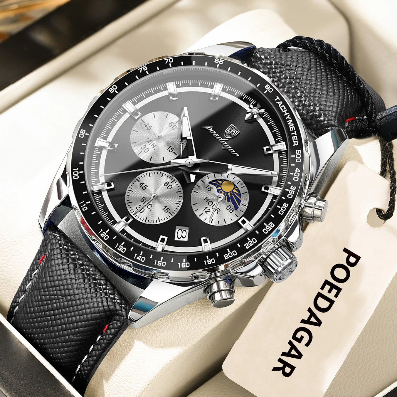Luminous Waterproof Chronograph.Men's Leather Wristwatch
