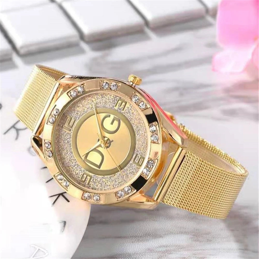 Women's watches With Diamonds. Simple Digital Design with Gold Mesh Strap