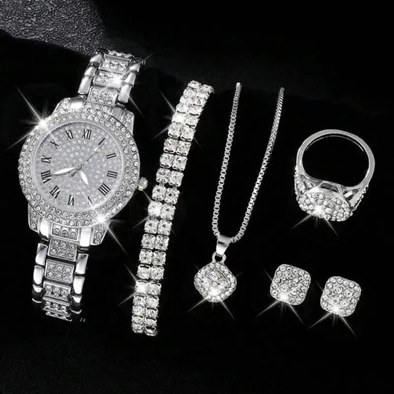 Full Diamond Roman Literal Steel Strip Women's Watch with Starry Charm Business Quartz Watch Set