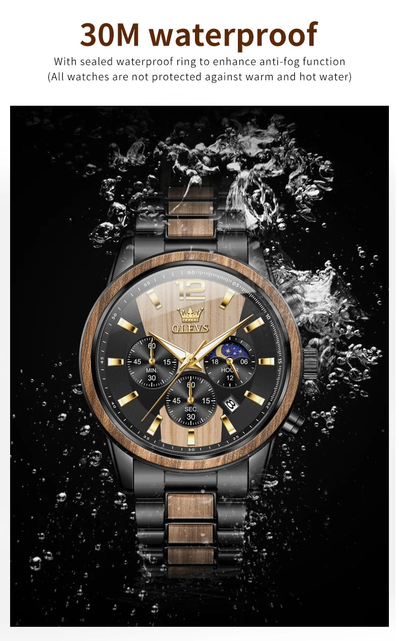 Men's Wooden Watch Luxury Night Light Chronograph
