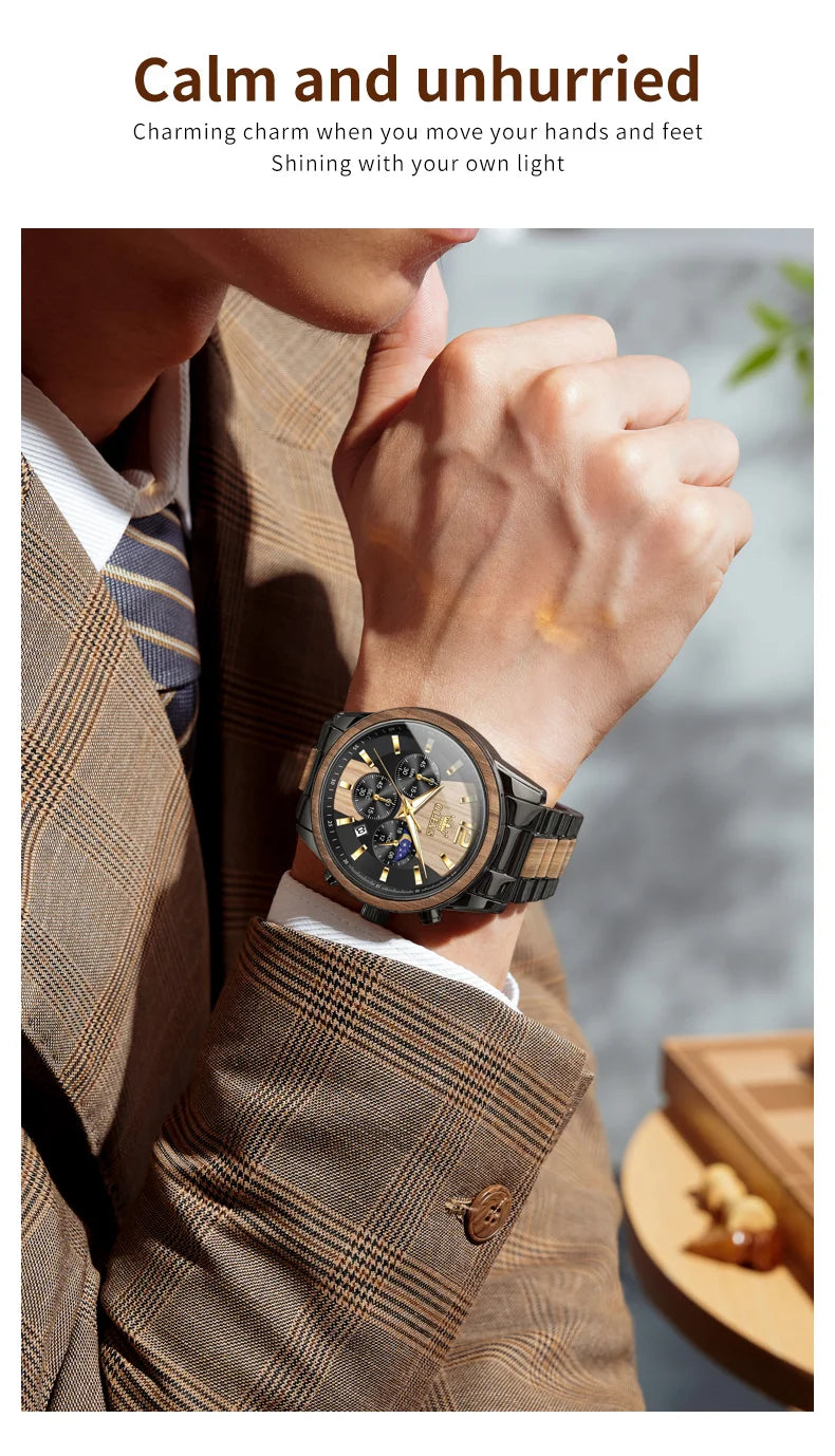 Men's Wooden Watch Luxury Night Light Chronograph