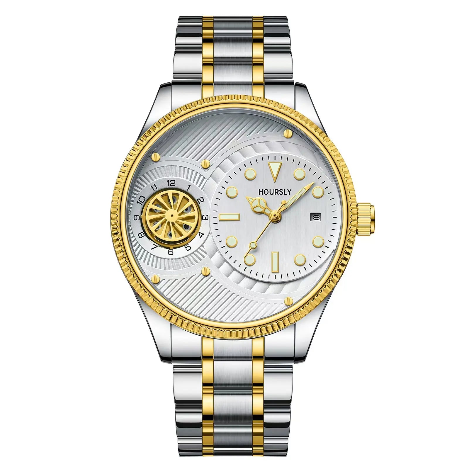 Fashionable  men's watch. Simple circular dial with rotating turntable luminous calendar stainless steel