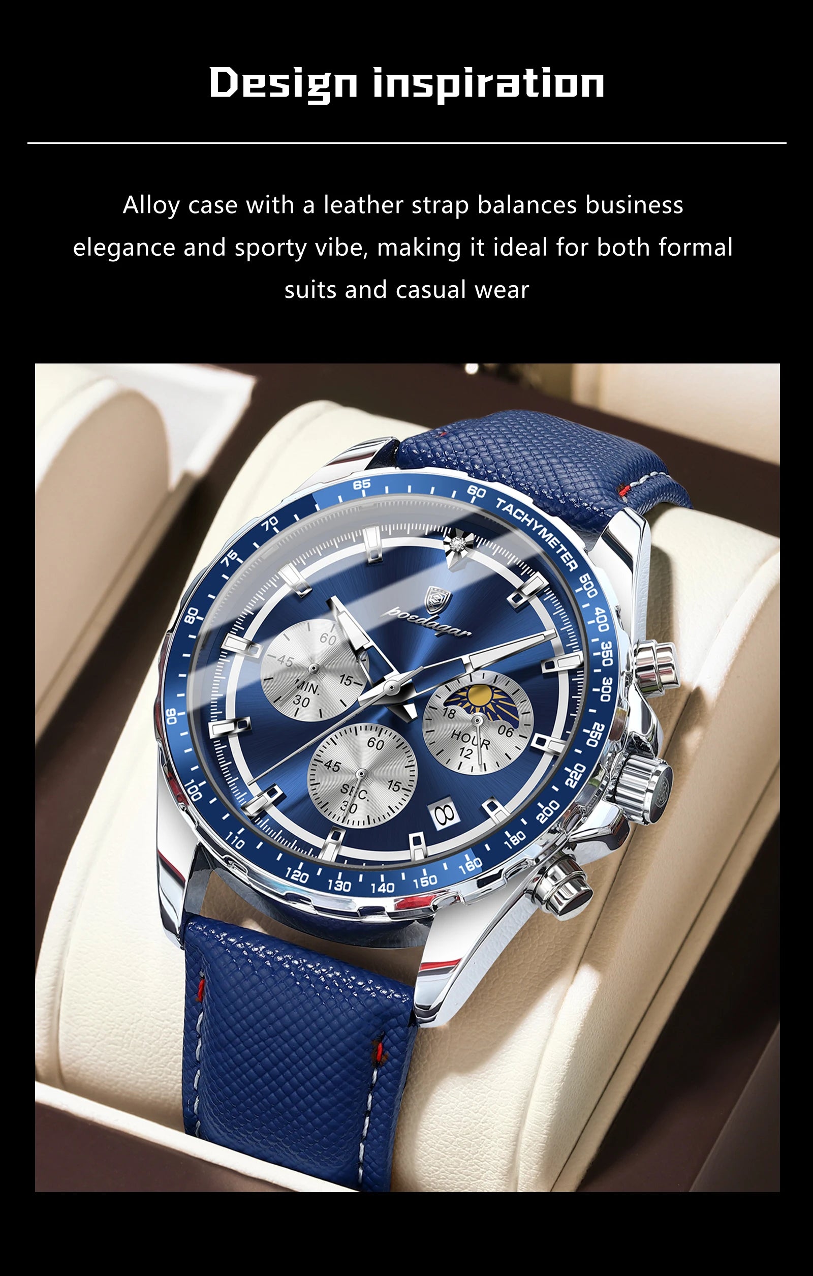 Luminous Waterproof Chronograph.Men's Leather Wristwatch