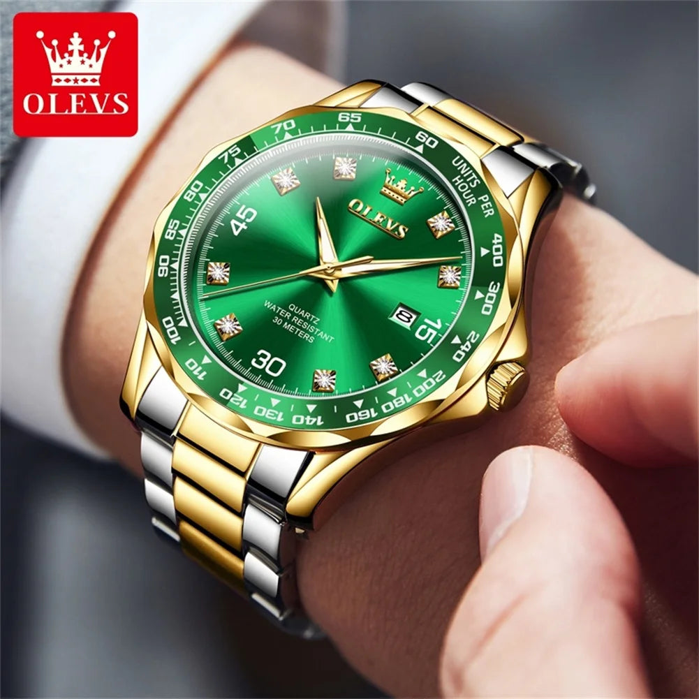 Golden Green Quartz Watch for Men.Waterproof Stainless steel  Watch