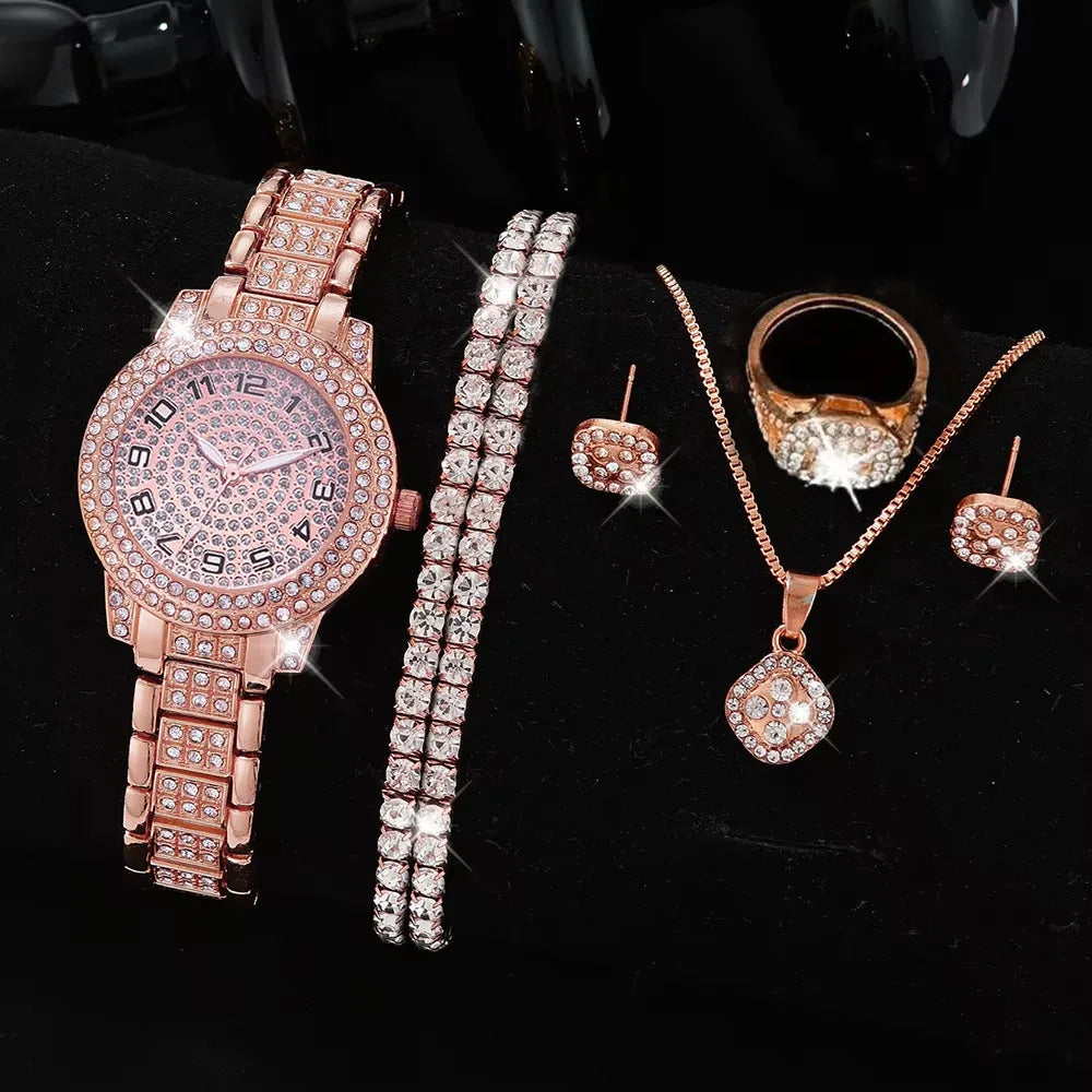 Full Diamond Roman Literal Steel Strip Women's Watch with Starry Charm Business Quartz Watch Set