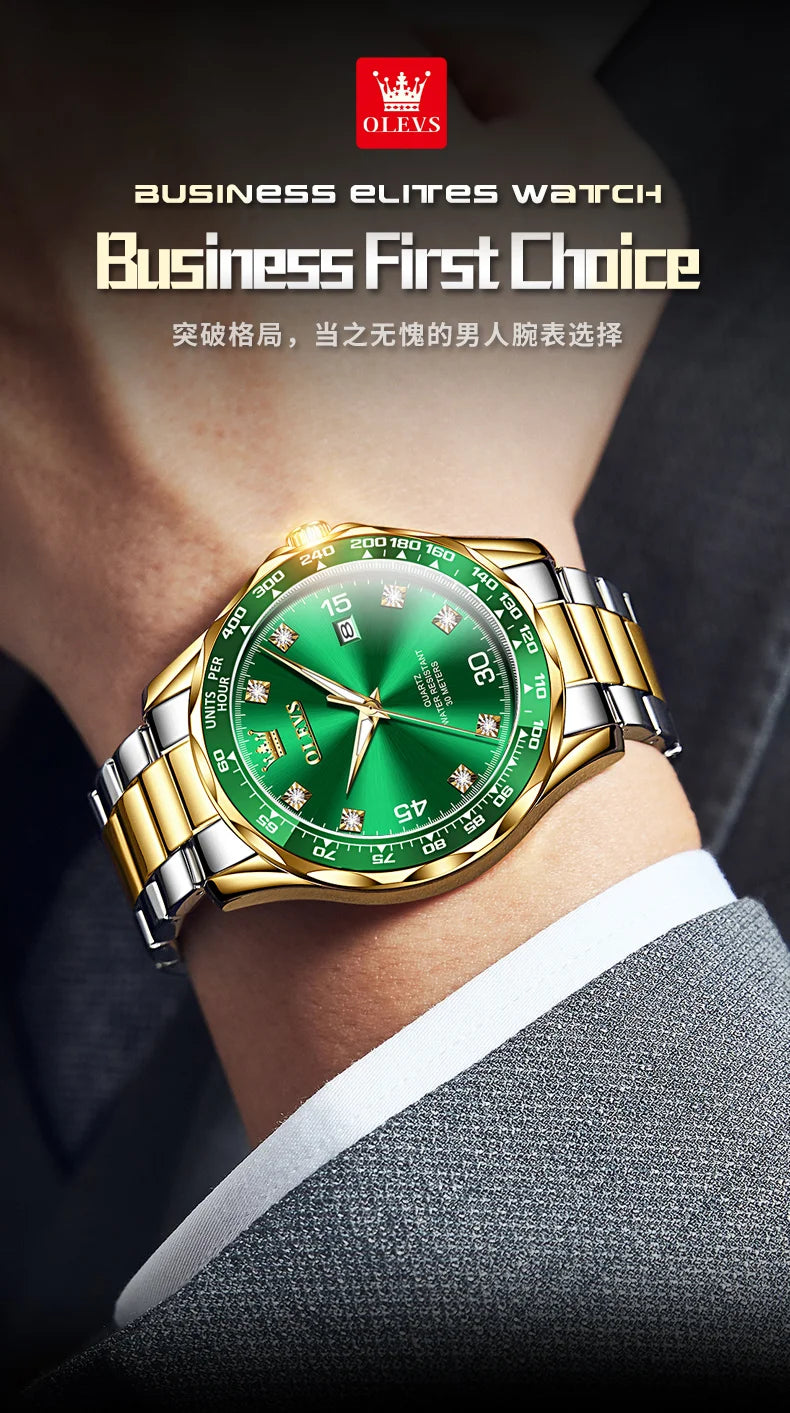 Golden Green Quartz Watch for Men.Waterproof Stainless steel  Watch