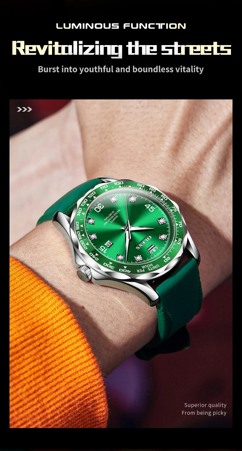 Golden Green Quartz Watch for Men.Waterproof Stainless steel  Watch