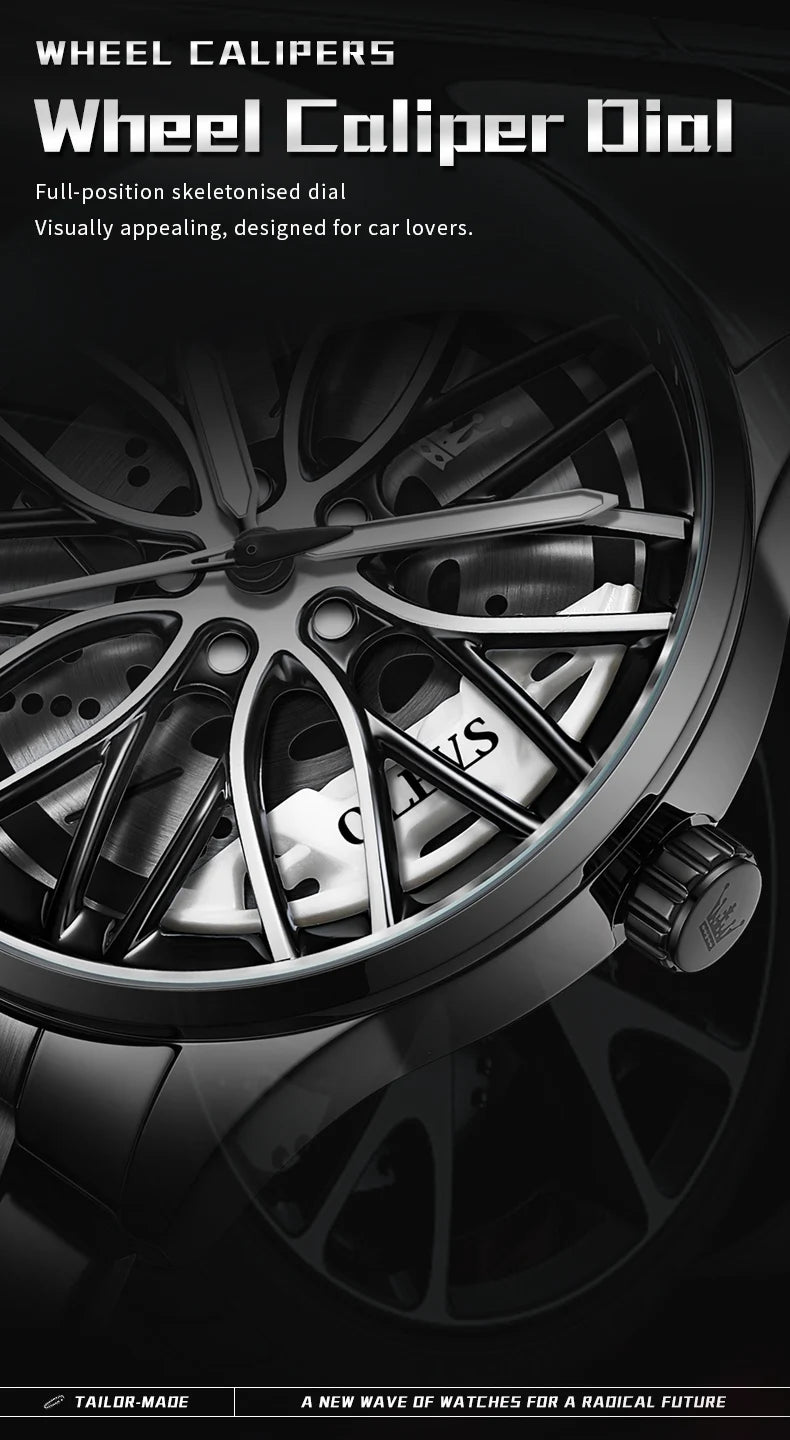 Quartz Watch for Men 360° Rotary Dial Sport Car Rim Wheel Hub Waterproof