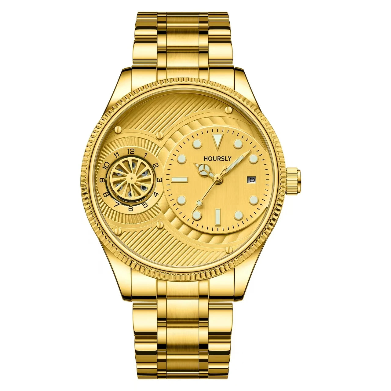 Fashionable  men's watch. Simple circular dial with rotating turntable luminous calendar stainless steel
