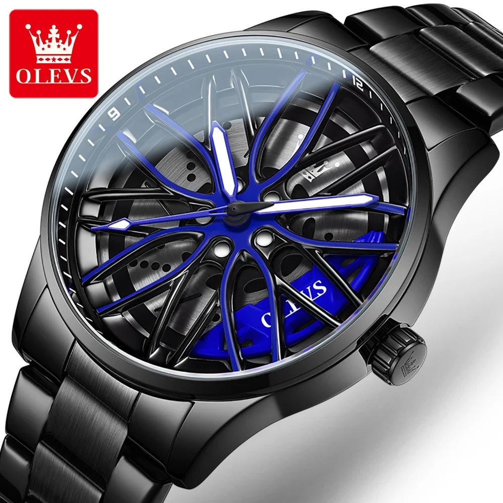 Quartz Watch for Men 360° Rotary Dial Sport Car Rim Wheel Hub Waterproof
